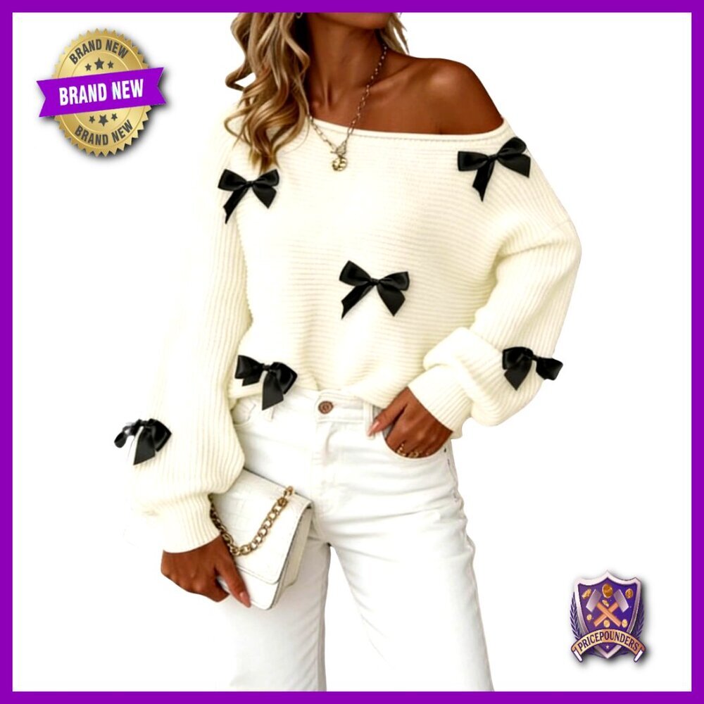 Off Shoulder Sweater with Bow Detail Long Sleeve Pullover Cozy Knit Top